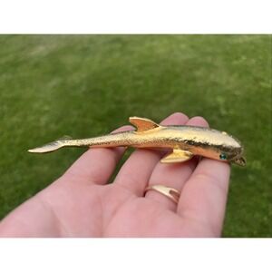 Vintage Brushed Gold Dolphin Brooch Large Jumping Fish Pin with Green Stone Eyes